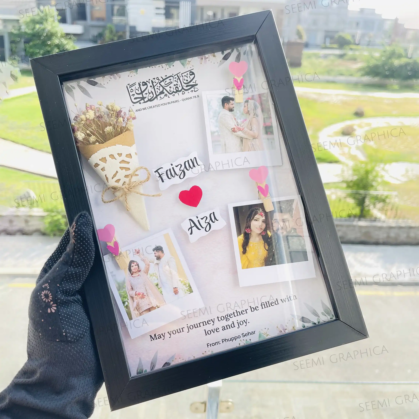 Custom Handmade 3D Flower Bouquet Shadow Frame with 3 Photos