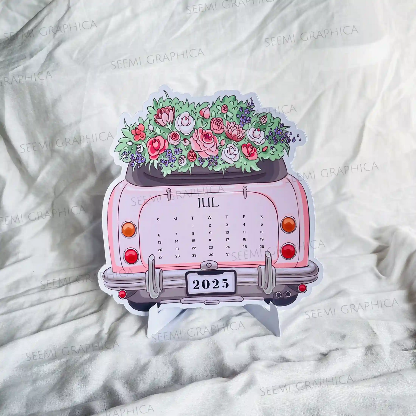 2025 Floral Car Desk Calendar – Cute Car & Flowers Die-Cut