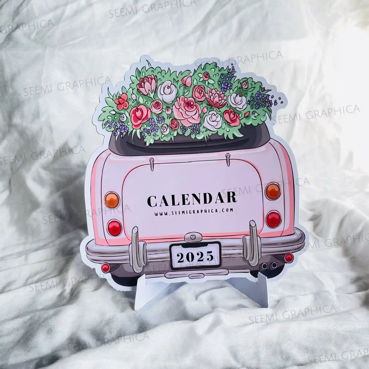 2025 Floral Car Desk Calendar – Cute Car & Flowers Die-Cut